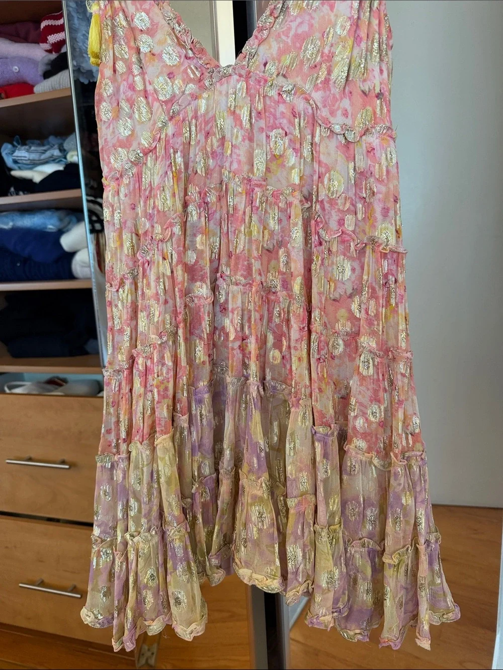 Pink Shimmer Floral Tie-Shoulder Sundress with Yellow Tassels